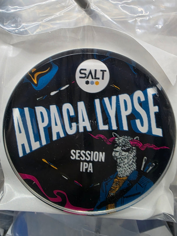ALPACA LYPSE ROUND BEER BADGE