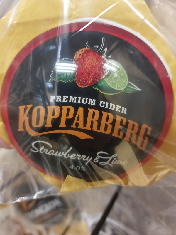 Strawberry and lime kopparberg round badge